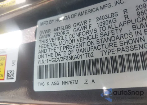 2019 Honda Accord Sport 2.0T z USA, uszkodzony, nr VIN 1HGCV2F35KA011702